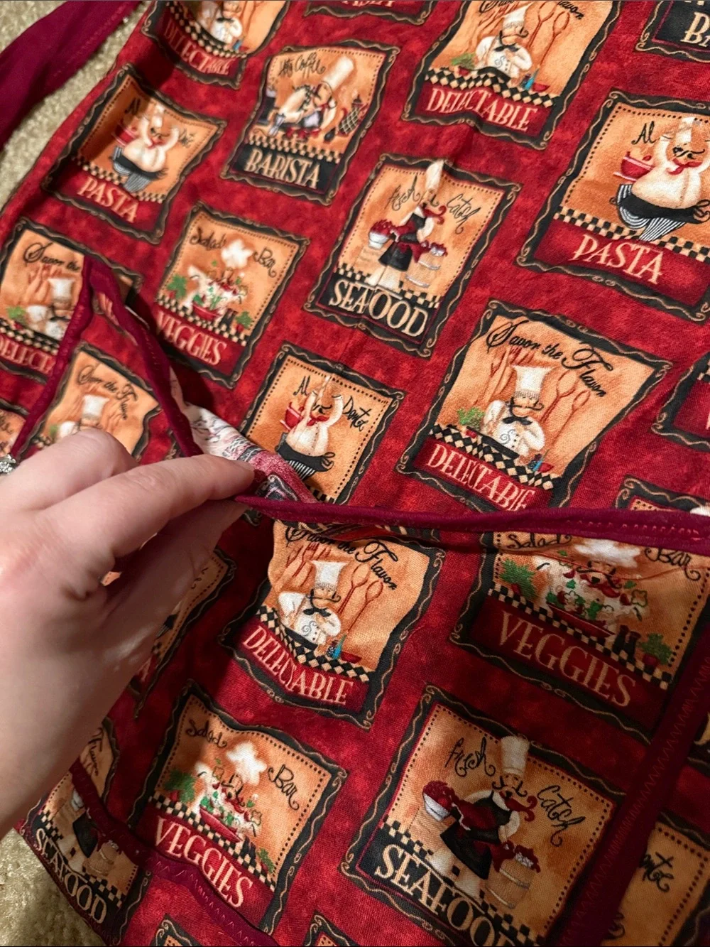 Red Chef Apron with Food-Themed Print